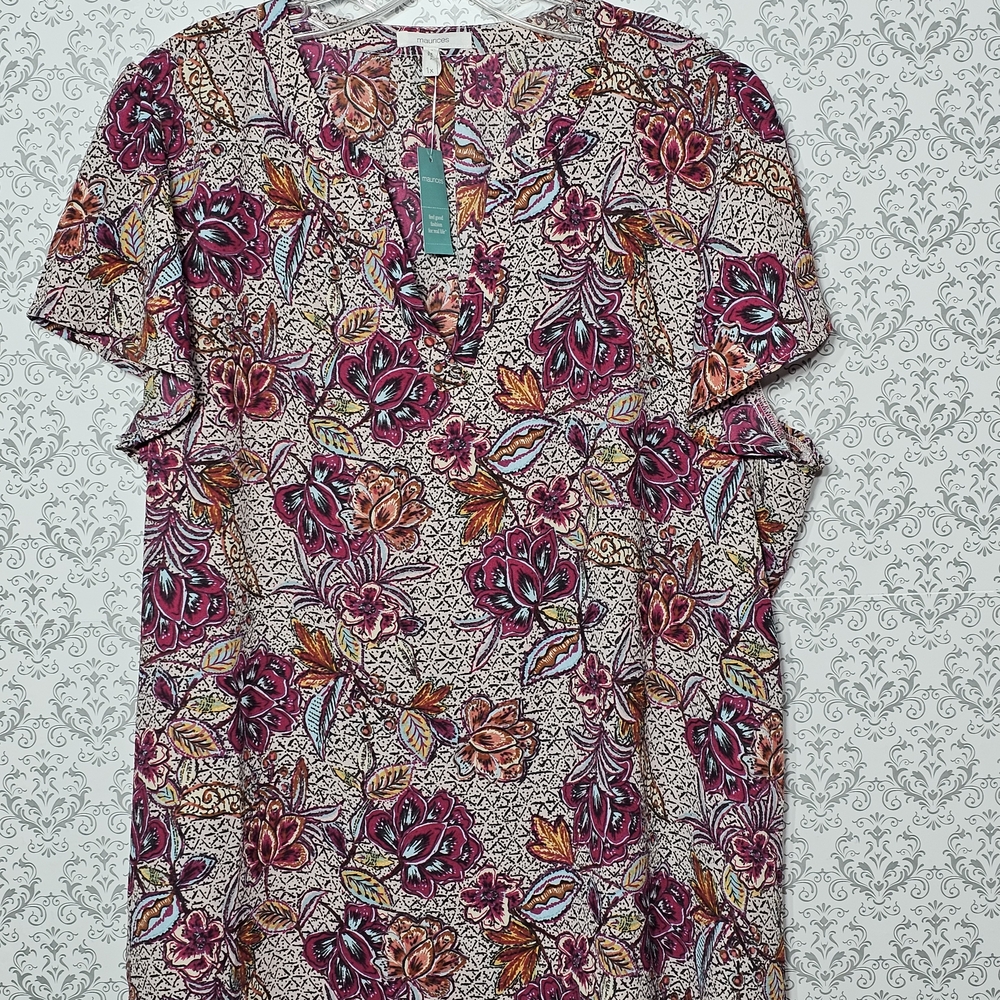 Maurices Burgundy and Teal Floral Blouse